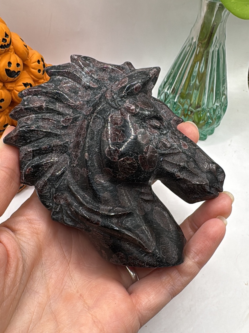 Handheld Black and Red Horse Head Stone Sculpture - garnet uv reactive